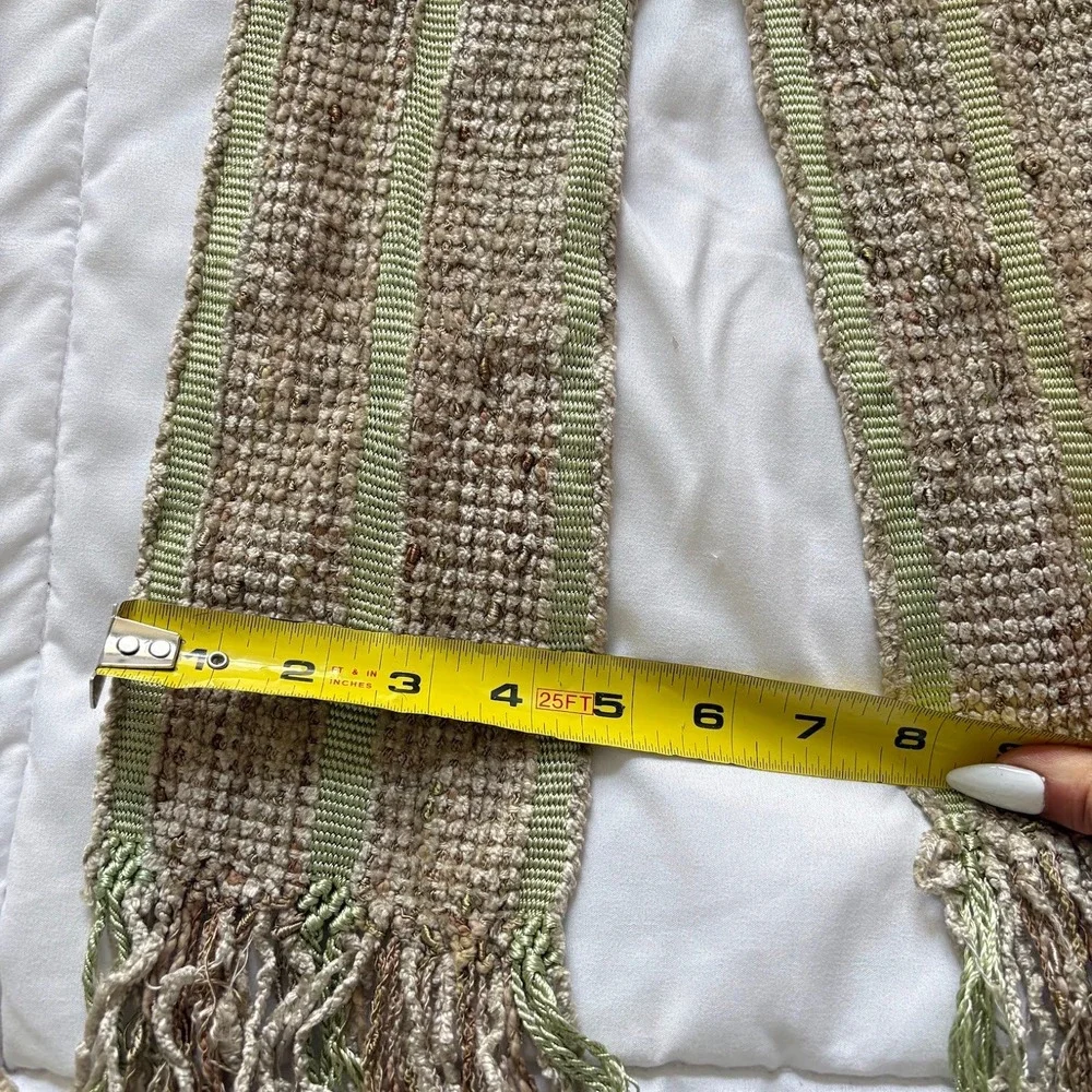 Yacan Handwoven Scarf Guatemala Backstrap Loom Cotton Rayon Green Tan Fringe